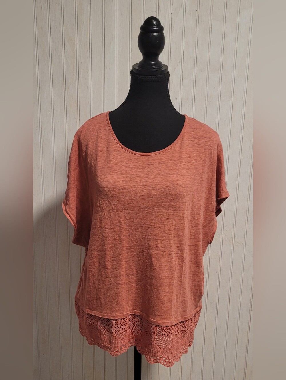 Cynthia Rowley Terracotta 100% Linen Eyelet Crochet Trim Top XL